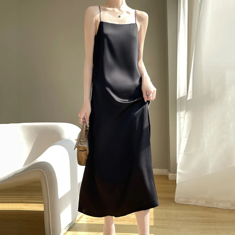 2025 New Model One Collar French High-end Silk Camisole Dress. Solid Color Base Long Skirt